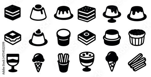 Dessert and sweets solid icons set – filled, treats, confectionery symbols