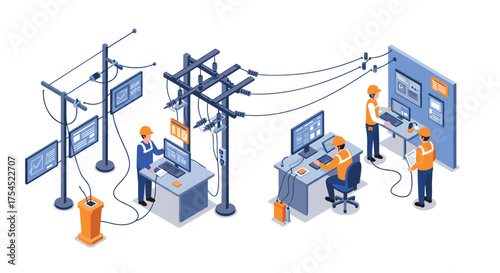 Isometric utility workers managing power grid and tech stations