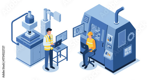 Industrial automation with engineers in modern isometric factory scene