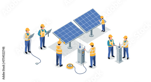 Solar power engineers working on installation and maintenance of solar panels in an isometric design