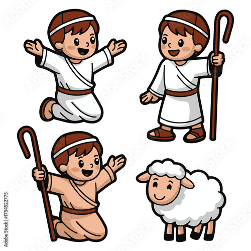 Set of cute cartoon shepherd boys and sheep illustrations in black and white line art