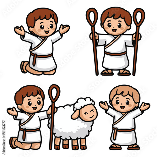 Set of cute cartoon shepherd boys and sheep illustrations in black and white line art