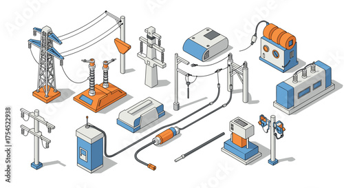 Isometric energy infrastructure components with power cables and electrical equipment
