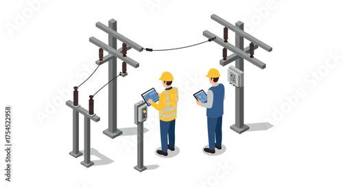 Isometric electrical engineers inspecting transmission lines with digital tablets