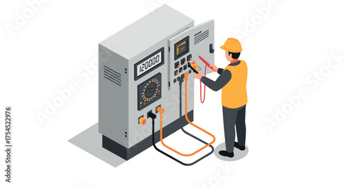 Technician operating electrical control panel in isometric design for industrial maintenance