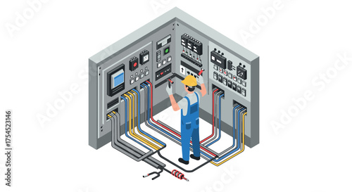 Isometric control panel technician working with wiring in industrial setting