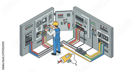 Technician working on control panel in isometric style