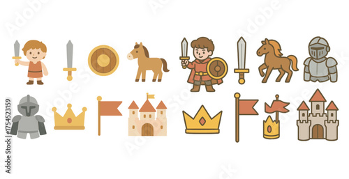 Medieval adventure filled icons set – flat, solid, knight and castle symbols