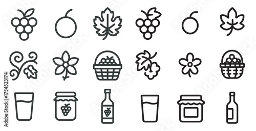 Wine and vineyard outline icons set – linear, grape, harvest design elements