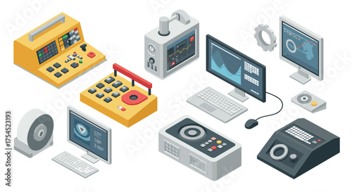 Isometric control panel and monitor collection with graphs and dials for data visualization