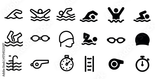 Swimming and diving outline icons set – linear, silhouette, aquatic sport symbols