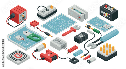 Isometric electronic components and circuit blueprints in modern design