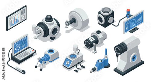 Isometric industrial equipment icons featuring advanced technology and precision instruments