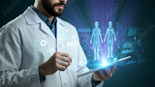 Doctor man in uniform with tablet and medical holographic icons showing innovation, security and future of medical advancements. Advanced digital technology in modern healthcare video