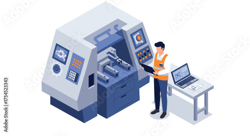 Isometric industrial automation engineer operating cnc machine in modern factory