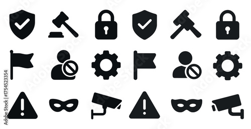 Security and protection solid icons set – silhouette, lock, safety symbols