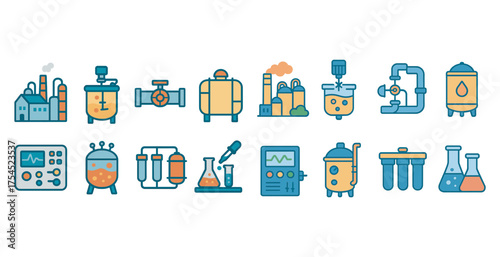 Industrial laboratory flat icons set – science, chemistry, equipment graphics