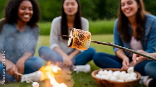 Girls friends roasting marshmallow on stick over campfire with fire in outdoor setting. Picnic with sweet food confectionery on vacation
