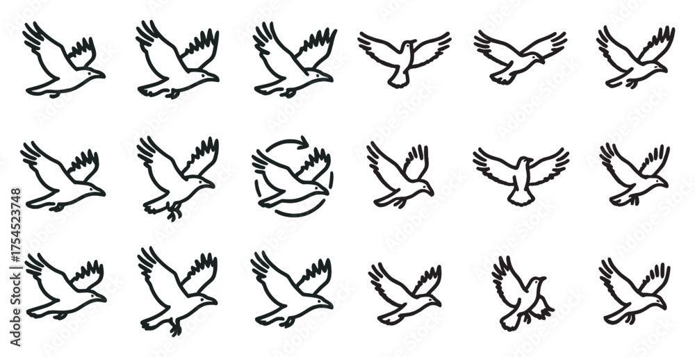 Fototapeta premium Bird outline icons set – silhouette, avian, wildlife and nature symbols