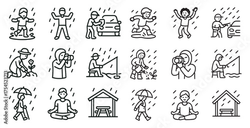 Rainy day outline icons set – solid, filled, weather and outdoor activity symbols