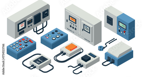 Industrial control panels in isometric style modern electronic equipment and electrical components