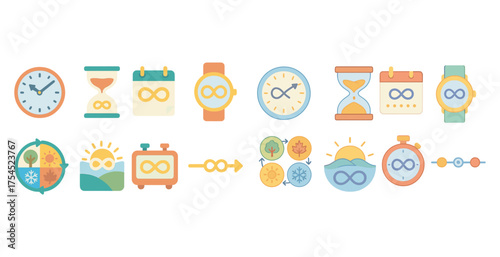 Time management icons set – flat, filled, planning and schedule symbols