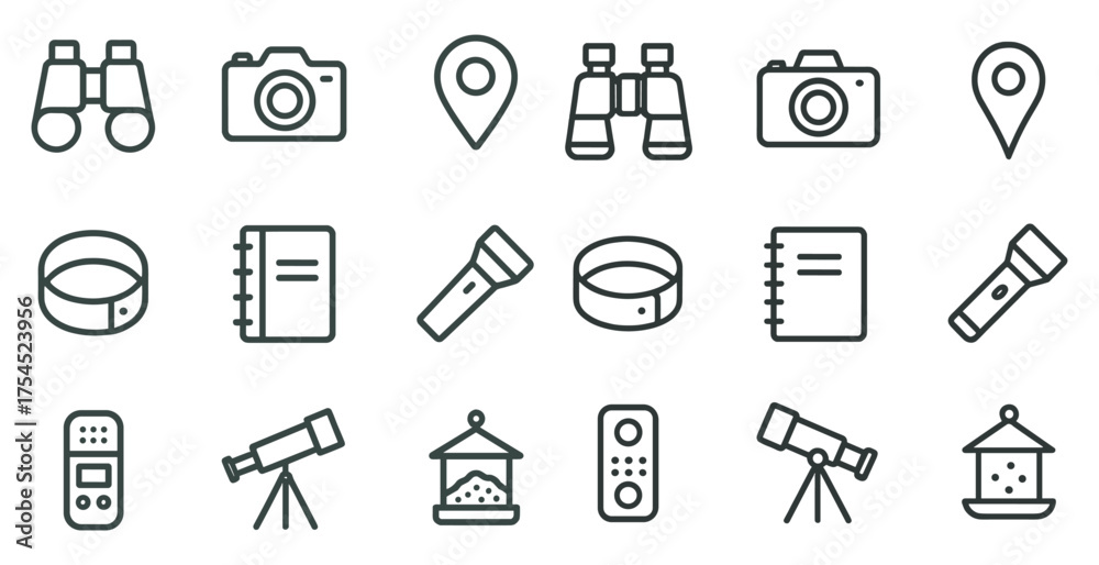 Obraz premium Photography and adventure outline icons set – flat, camera, travel symbols