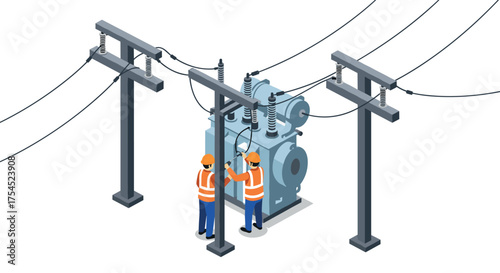 Isometric engineers maintaining electrical substation equipment