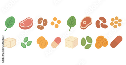 Protein sources icons set – flat, filled designs for diet and nutrition visuals