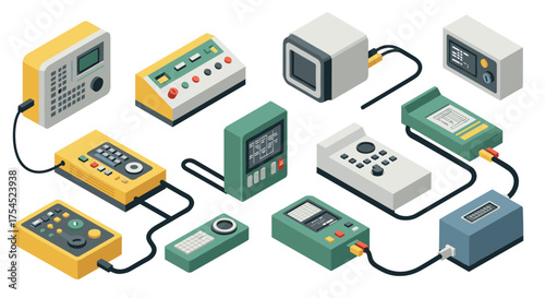 Retro technology gadgets isometric collection of vintage computing devices and control panels