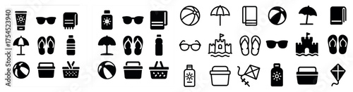 Summer beach silhouette icons set – solid, filled, vacation and seaside symbols