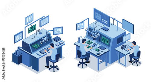 Isometric electronics lab workspace with engineers and circuit boards