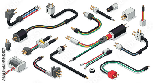 Isometric electronic connectors and plugs on white background