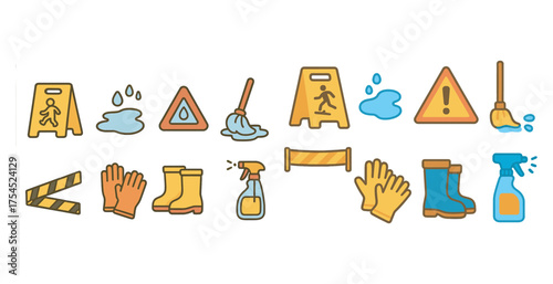 Cleaning and safety icon set – linear, outline, hazard and maintenance symbols