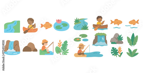Outdoor adventure flat icons set – camping, fishing, nature exploration symbols