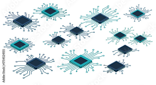 Isometric blue and teal microchips pattern on white background