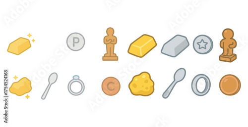 Gold and silver solid icons set – filled, precious metals, treasure symbols