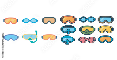 Diving and snorkeling flat icons set – filled, water sports, aquatic gear illustrations