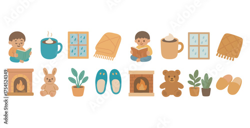 Cozy home flat icons set – warm, comforting, lifestyle symbols for relaxation