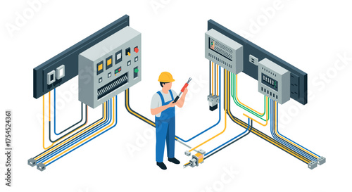 Isometric electrician working on control panel with wiring in industrial setting