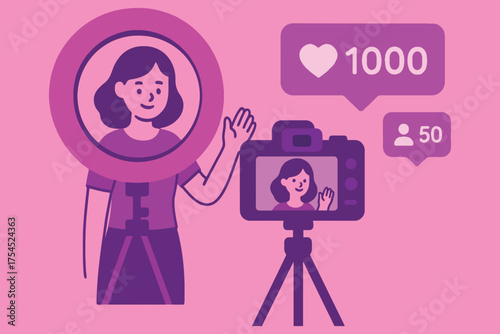 Young woman creating social media content with ring light and camera for online audience