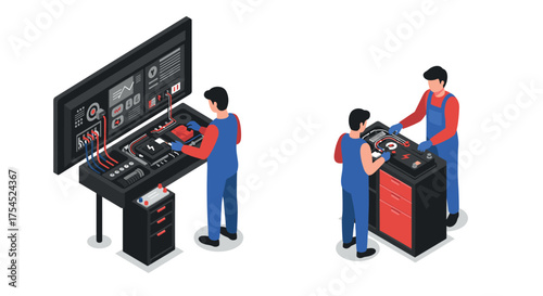 Isometric technicians working on control panels and machinery in workshop setting
