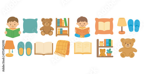 Children's reading icons set – flat, filled, book and library symbols for kids