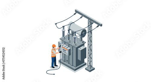Engineer inspecting electrical transformer in isometric view