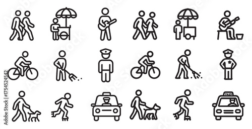 Urban lifestyle outline icons set – city life, activities, daily routine symbols