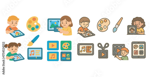 Kids activity flat icons set – educational, playful, creative learning visuals