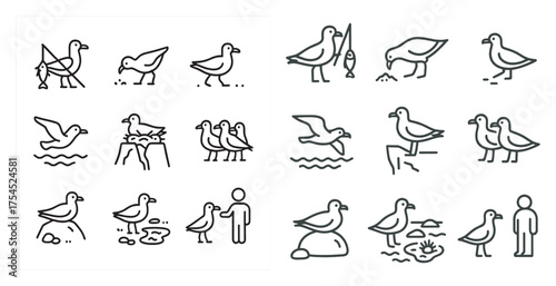 Seagull and ocean outline icons set – linear, bird, coastal symbols for nature themes