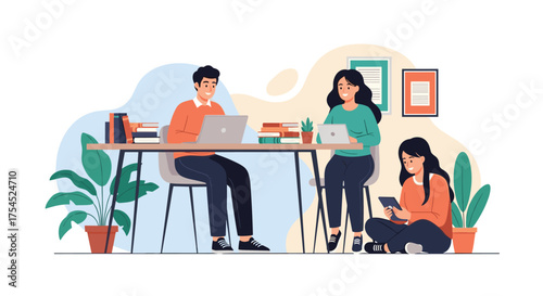 Students collaborating on a project together while studying.