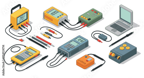 Isometric electronics multimeters, devices, and tools on a modern workspace