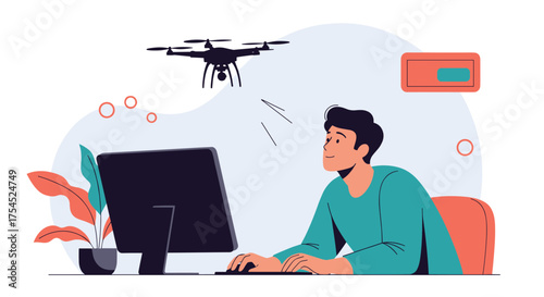 A man is learning to fly a drone at home with his computer.